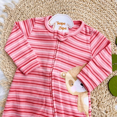  Macacão com Abertura em Zíper Listrado Ursa - Rosa